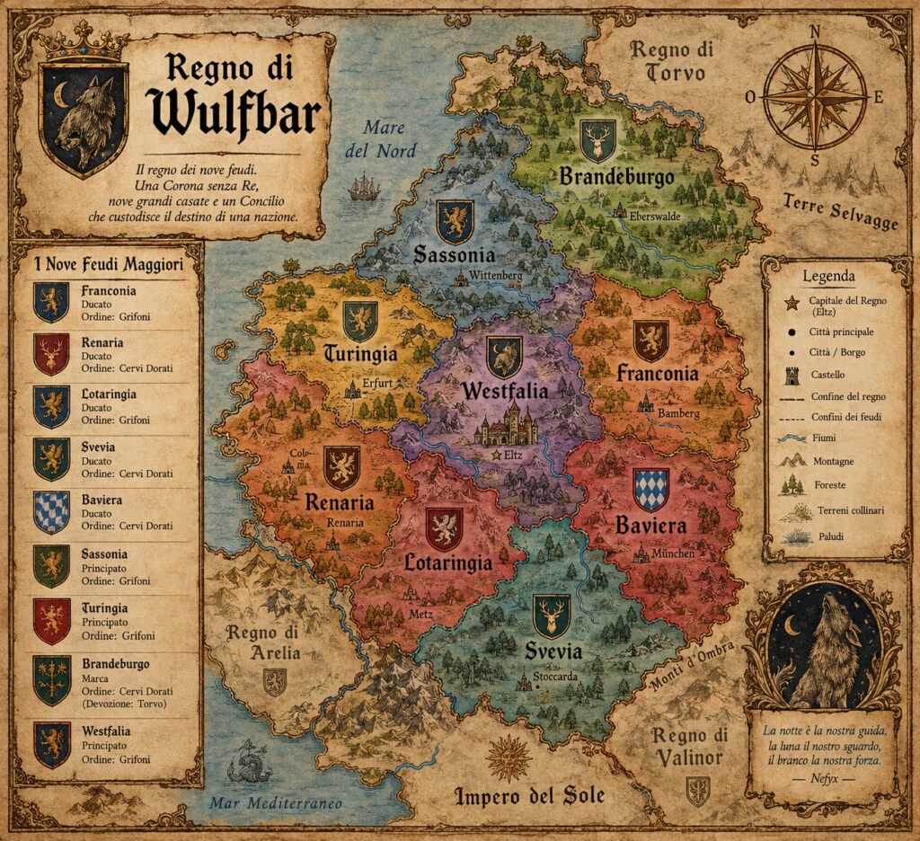 Mappa del Regno di Wulfbar
Germania medievale Fantasy
dell'Ambientazione Cronache del Tacco.